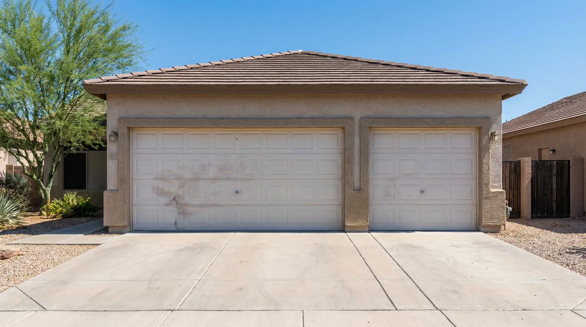 Before: plain sun-bleached builder-grade double garage doors in Chandler